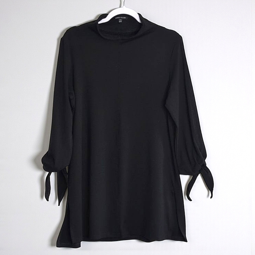 Robert Kitchen Tie Sleeve Mock Neck Tunic Top Side Slit Black Witchy Goth M